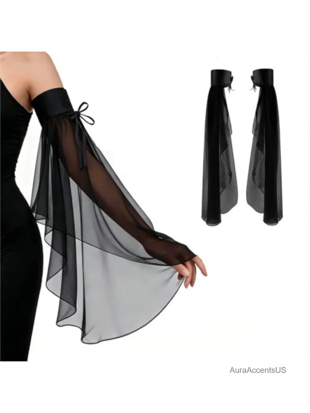 2 Pair Detachable Bell Sleeves with Tie Strings, Elegant Chiffon Victorian